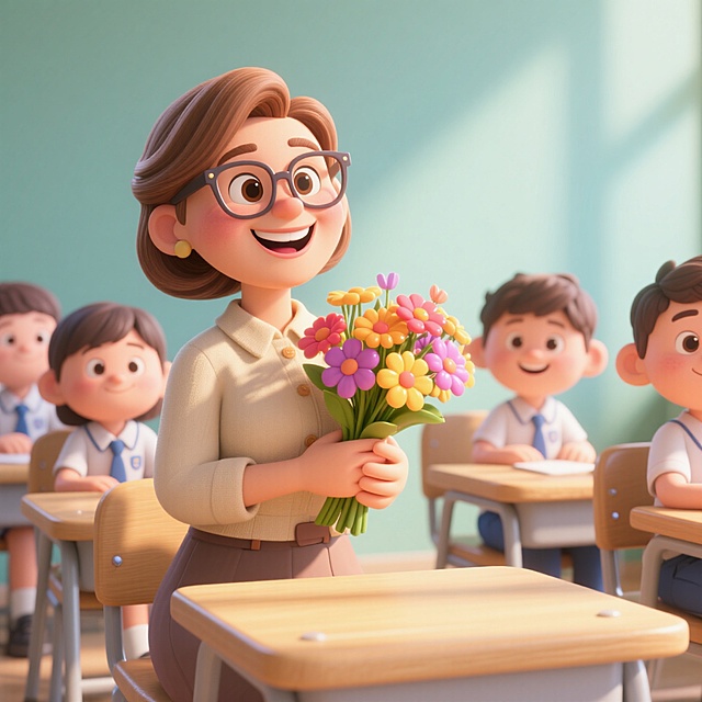 插画风教师节场景，拟人化角色手捧鲜花，清新卡通感十足。