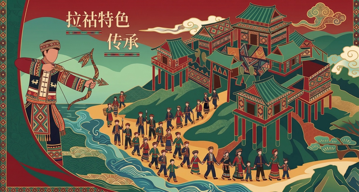 再次重新生成，严格遵循原草图构图结构，强化拉祜族特色几何图案装饰，参考参考图的国潮扁平风格，调整红绿色调搭配，提升整体画面层次感预览效果