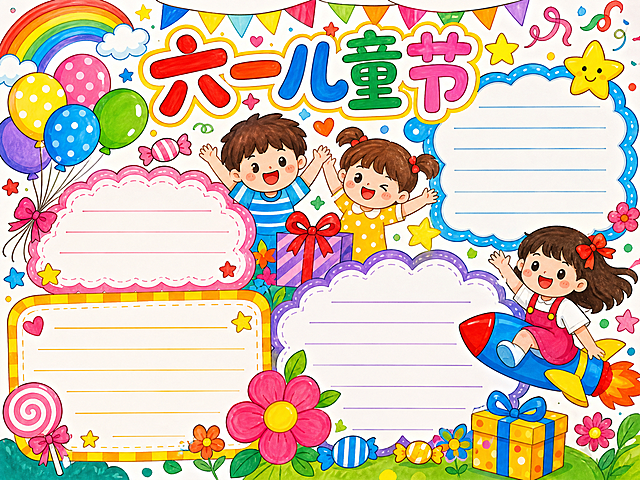 六一儿童节手抄报，超高饱和度鲜艳色彩，马克笔手绘风格，A4横版排版，包含气球、礼物、儿童插画等儿童节元素，留有文字框，活泼童趣