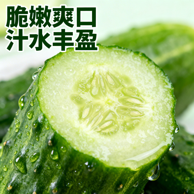 [主图 3] 新鲜小黄瓜细节展示
[主图主题] 小黄瓜微距细节，脆嫩质地展示
[氛围/风格] 微距特写，突出质感，食欲感强
[画面元素] 刀切小黄瓜横截面特写，瓜瓤清晰可见，汁水饱满，细密水珠挂在切面预览效果