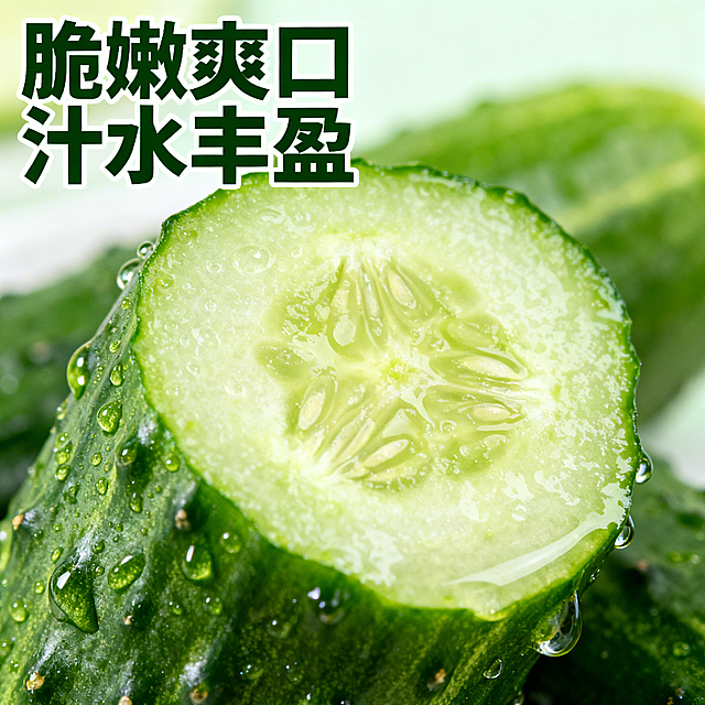 [主图 3] 新鲜小黄瓜细节展示
[主图主题] 小黄瓜微距细节，脆嫩质地展示
[氛围/风格] 微距特写，突出质感，食欲感强
[画面元素] 刀切小黄瓜横截面特写，瓜瓤清晰可见，汁水饱满，细密水珠挂在切面和表皮，新鲜汁液分布均匀，背景虚化浅景深，只突出黄瓜切面细节
[配色色系] 深绿外皮，浅绿瓜瓤，透明水珠质感，自然清新配色
[视角构图] 微距俯视特写，主体占据画面中心，饱满构图
[文字版式] 主文案脆嫩爽口汁水丰盈，深绿色粗体位于左上角，悬浮于虚化背景，不遮挡切面主体，保持简洁
[比例分辨率] 2k分辨率