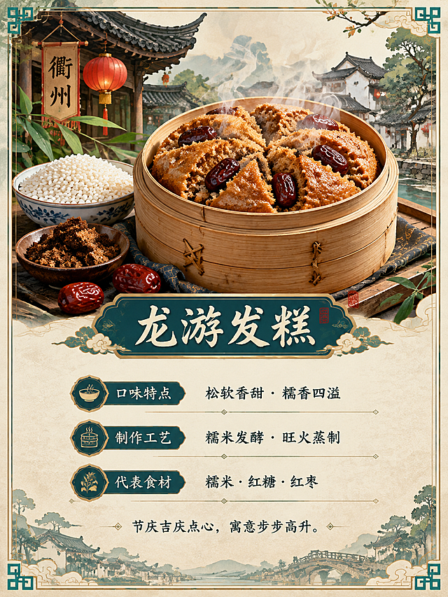 高质感国风新中式插画风格的竖版菜品菜单展示卡，3:4 竖构图。米白宣纸底色，四周细金线与青绿回纹装饰边框，背景融入衢州老宅屋檐、灯笼与传统建筑人文元素。画面上半部为菜品主视觉：竹蒸笼中松软的红糖发糕，表面嵌着红枣，冒着热气，旁边糯米与红糖食材；下半部为信息区。文案必须精确呈现：菜名“龙游发糕”，三行信息分别标注“口味特点 松软香甜·糯香四溢”、“制作工艺 糯米发酵·旺火蒸制”、“代表食材 糯米·红糖·红枣”，底部简介“节庆吉庆点心，寓意步步高升。”所有文字必须清晰可读、不得错字乱码，整体风格统一且富有文化内涵，超高清。