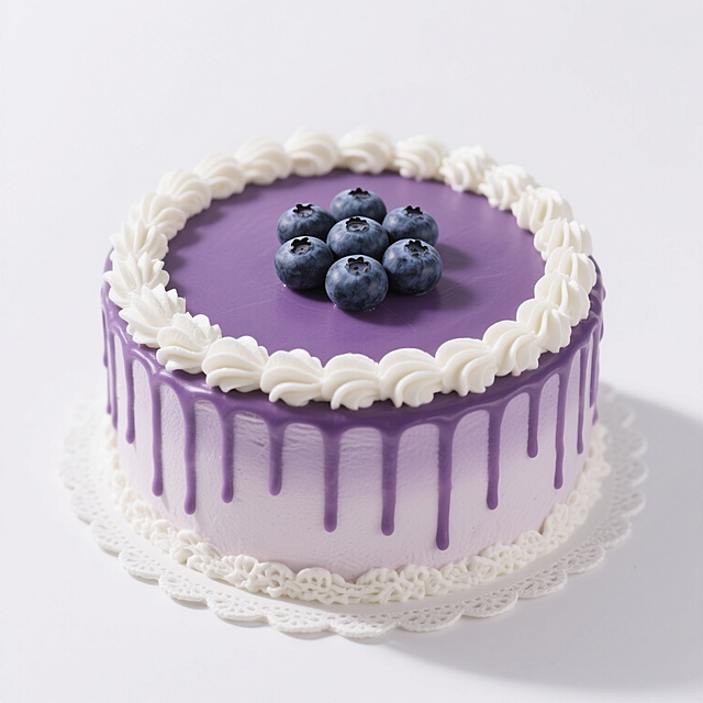 一个精致的圆形蛋糕，白色背景，蛋糕主体为淡紫色渐变奶油质地，表面覆盖着均匀的深紫色糖霜淋面，自然垂坠形成流畅的条纹，顶部边缘装饰着一圈螺旋状的白色奶油花，中央整齐摆放着7颗新鲜的蓝莓，蓝莓表面带有自然光泽和细小果蒂，蛋糕底部边缘有一圈精致的白色蕾丝状奶油花边，整体呈现出清新甜美的烘焙甜点风格，光影柔和，高光细腻，色彩过渡自然，具有高度写实的食物摄影质感。