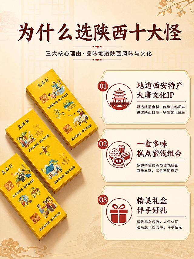 [商品] 使用【图1】陕西十大怪黄色礼盒；保留礼盒外观、黄色主色、秦品轩Logo、图案文字、结构比例，不修改产品外观、不重绘产品、不调色。
[画面] 目标：三大核心理由拆解页。构图：左图右文三栏，左侧礼盒居中占画面40%，右侧上下排列三个卖点卡片，背景为暖米黄唐风底+浅窗棂纹，突出三大购买理由。
[视觉] 套系策略：风格=唐风国潮+实拍产品结合的电商详情页；标题字=商用免费书法宋体加粗国潮宋体；正文字=商用免费思源黑体；主色=明黄+朱红；背景延展=暖米黄渐变+浅棕唐风窗棂底纹；强调色=朱红色，用于图标和标签；标题色=深棕红；正文色=深棕；组件=圆角白底卖点卡、唐风图标、朱红引线；光影=顶部暖柔光，产品清晰。
[文字] 顶部主标题"为什么选陕西十大怪"，三个卖点："地道西安特产 大唐文化IP""一盒多味 糕点蜜饯组合""精美礼盒 伴手好礼"，每个卖点配小图标和简短说明，文字全部横向排版。
[规格] 图片比例3:4竖版，4K，负向：避免产品变形、包装文字错乱、极限词、医疗功效宣传、竖排文字、斜排文字、蚂蚁字、冷蓝背景、水印、二维码。