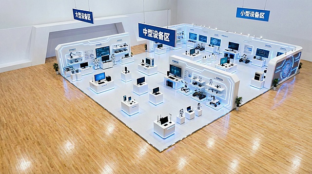 增加小型机器人科技元素，添加展板和展架造型