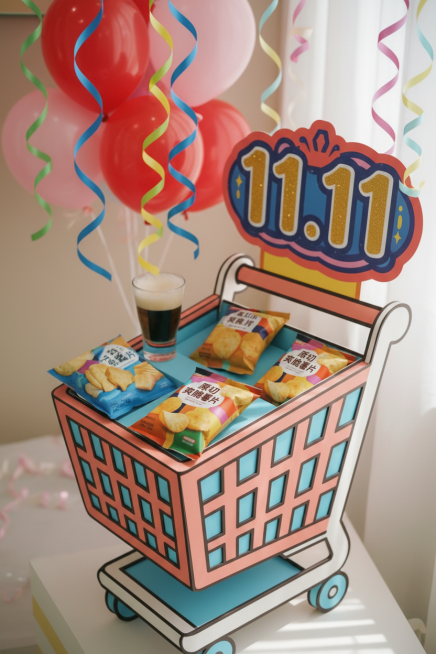以红粉色为主色调，背景有气球、彩带、"11.11"立牌等元素。中央是卡通购物车造型展台，将商品随意摆放至卡通购物车中。整体风格活泼，营造出购物的轻松氛围。预览效果