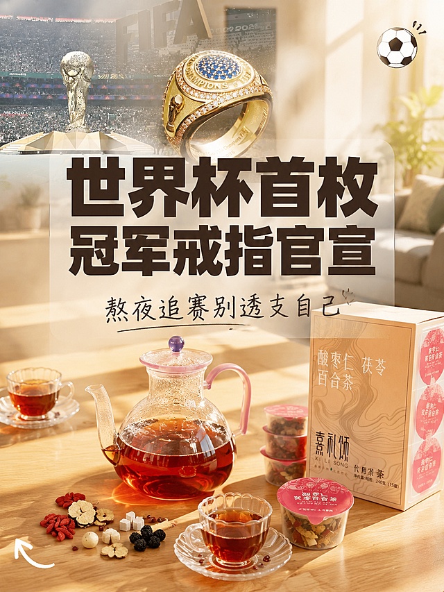 小红书笔记大字封面，配图大字，ins清新治愈风，版式精美，小红书笔记封面质感，适合信息流点击。主标题必须完整呈现且为画面视觉中心，逐字锁定：「世界杯首枚冠军戒指官宣」。副标题：「熬夜追赛别透支自己」。主标题字号占画面约55%视觉权重，清晰可读，不得增删改字。背景：白天上午的客厅场景，侧逆光治愈光线，桌面整洁干净，日常实拍分享感，浅米色木质桌面，柔和暖调自然光从侧面照入，空气中有轻微丁达尔效应，整体氛围温暖治愈。标题排版：扁平粗黑体，深棕或深墨色大字，主标题加半透明白色色块底框增强可读性，副标题为稍小的手写体。配图：画面中下部的整洁桌面上自然摆放一杯泡好的酸枣仁茯苓百合茶（透明玻璃壶与花瓣形玻璃杯，茶汤呈琥珀红棕色），旁边放一小罐红色盖的养生茶小罐，桌面一角露出产品包装盒局部；画面上方偏左位置以半透明悬浮、轻微虚化的方式融入世界杯冠军戒指与大力神杯开幕式的合成画面（冠军戒指金光闪耀，背景为FIFA球场与大力神杯雕塑），作为世界杯主题的视觉点缀，不抢主标题。装饰：右上角1个足球emoji小贴纸，左下角1个手绘弯曲小箭头；另加细线条圆角文本框衬托主标题，整体克制不杂乱。整体氛围：日常养生分享感，治愈温暖，熬夜看球也要爱护自己的生活气息。画质：高清细腻，信息层级清晰，主标题与背景强对比，文字完整处于安全区内不可裁切，四周留安全边距。画面比例3:4，4K。图生图：严格使用用户上传图片，【图1】=世界杯冠军戒指，用于画面上方的主题元素合成；【图2】=FIFA世界杯开幕式大力神杯球场，用于画面上方的背景氛围合成；【图3】=养生茶原料摆盘，用于桌面细节点缀参考；【图4】=酸枣仁茯苓百合茶产品包装盒，用于桌面产品展示；【图5】=三小罐养生茶，用于桌面产品摆放；【图6】=泡好的养生茶玻璃壶与茶杯，用于桌面主体茶饮展示。