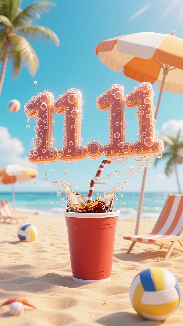 气泡质感立体字 “11.11”单排置于可乐杯上（杯子纯色，无字样），“11.11”为主视觉，像可乐摇晃泵出的气泡。周围环绕遮阳伞、沙滩排球元素，假日风沙滩背景