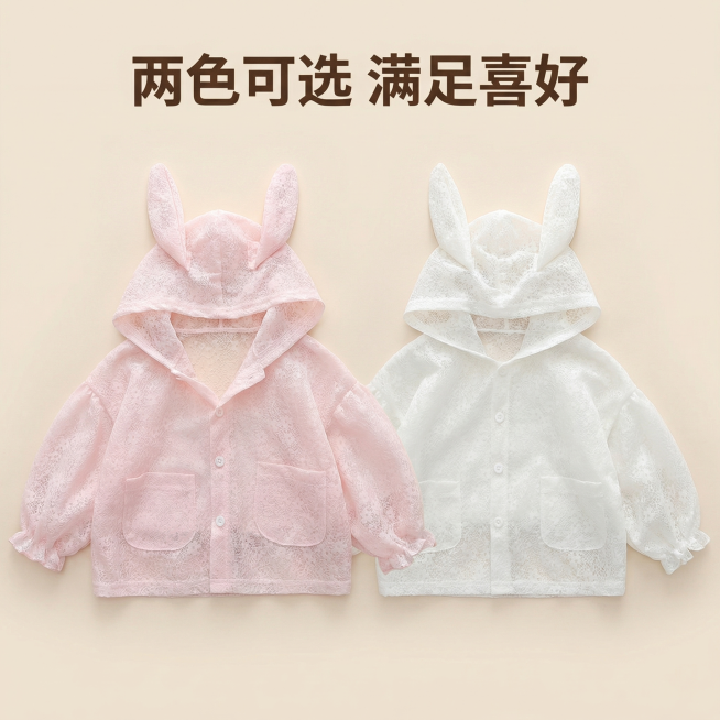 [第一套-甜美可爱风主图5]双色可选展示；
[氛围风格]整齐明快，展示两款颜色选择；
[画面元素]商业摄影质感、光线柔和通透、产品清晰真实、画面干净高级。粉色和白色两件儿童兔耳蕾丝防晒衣平铺摆放，左右预览效果