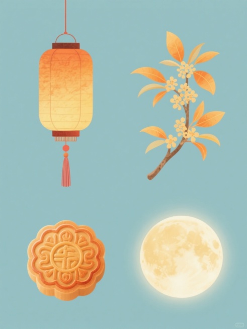 简约现代风格的中秋节日元素系列图案，纯色背景，每张图为单一元素的规整排布设计。保持与原图一致的明亮柔和色调、细腻水彩质感、半透明渐变光影效果和轻盈飘逸的氛围。元素包括：悬挂的传统宫灯（橙黄色调，带有细腻纹理和红色流苏）、桂花枝（橙黄色叶片，自然舒展的枝干）、中秋月饼（圆形，带有传统花纹）、中秋圆月（明亮饱满，带有柔和光晕）。各元素需保持清晰的轮廓和精致的细节，色彩和谐统一，整体构图平衡对称，无……预览效果