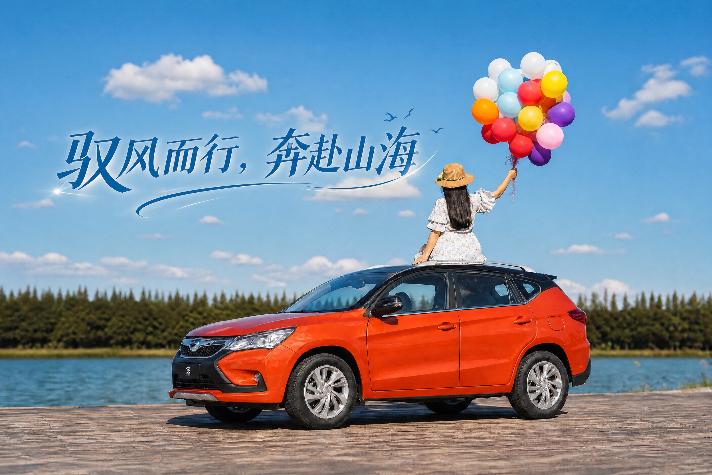 在图片上添加符合夏日户外自驾出游主题的广告语，文字为'驭风而行… - 图片创意预览