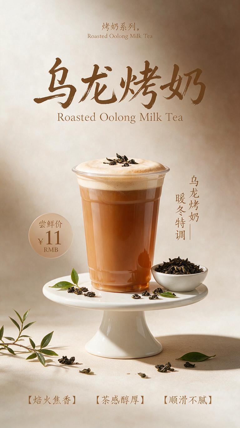 商业饮品摄影海报，主题乌龙烤奶，整体调性温暖醇厚、简约治愈新中… - 图片创意预览