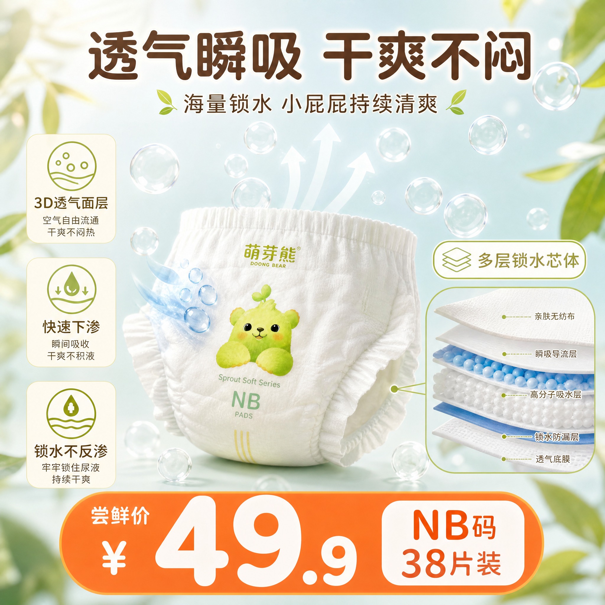 [主图-2差异化重绘v2] 萌芽熊柔柔系列纸尿裤NB码 透气干… - 图片创意预览
