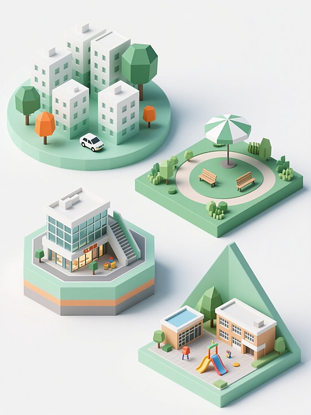 一组四个完全不同造型的3D立体社区元素内容系列素材集合，每个元素均采用低多边形建模风格，表面有平滑的渐变色彩过渡，主色调为白色、浅绿色和深绿色，搭配少量橙色（树木底部）和灰色（车辆）点缀，柔和的顶部光源照射，产生轻微的阴影和高光效果，立体感强，整体氛围清新明快。所有元素规整排布在纯白色背景上。第一个元素：圆形底座上的多层住宅楼群，包含不同高度的方形建筑，周围有圆形树冠的树木和一辆小汽车；第二个元素：方形平台上的社区公园场景，有弯曲的小径、长椅、大型遮阳伞和多种绿植；第三个元素：六边形基座上的社区商业中心，包含带有玻璃幕墙的商场建筑、自动扶梯和户外休闲区；第四个元素：三角形底台上的社区公共设施组合，包括学校教学楼、体育馆、图书馆和小型广场，配有滑梯等儿童游乐设施。每个元素均保持简洁的几何造型和统一的色彩体系，细节丰富且识别度高，适合作为社区宣传或相关主题设计的系列素材。