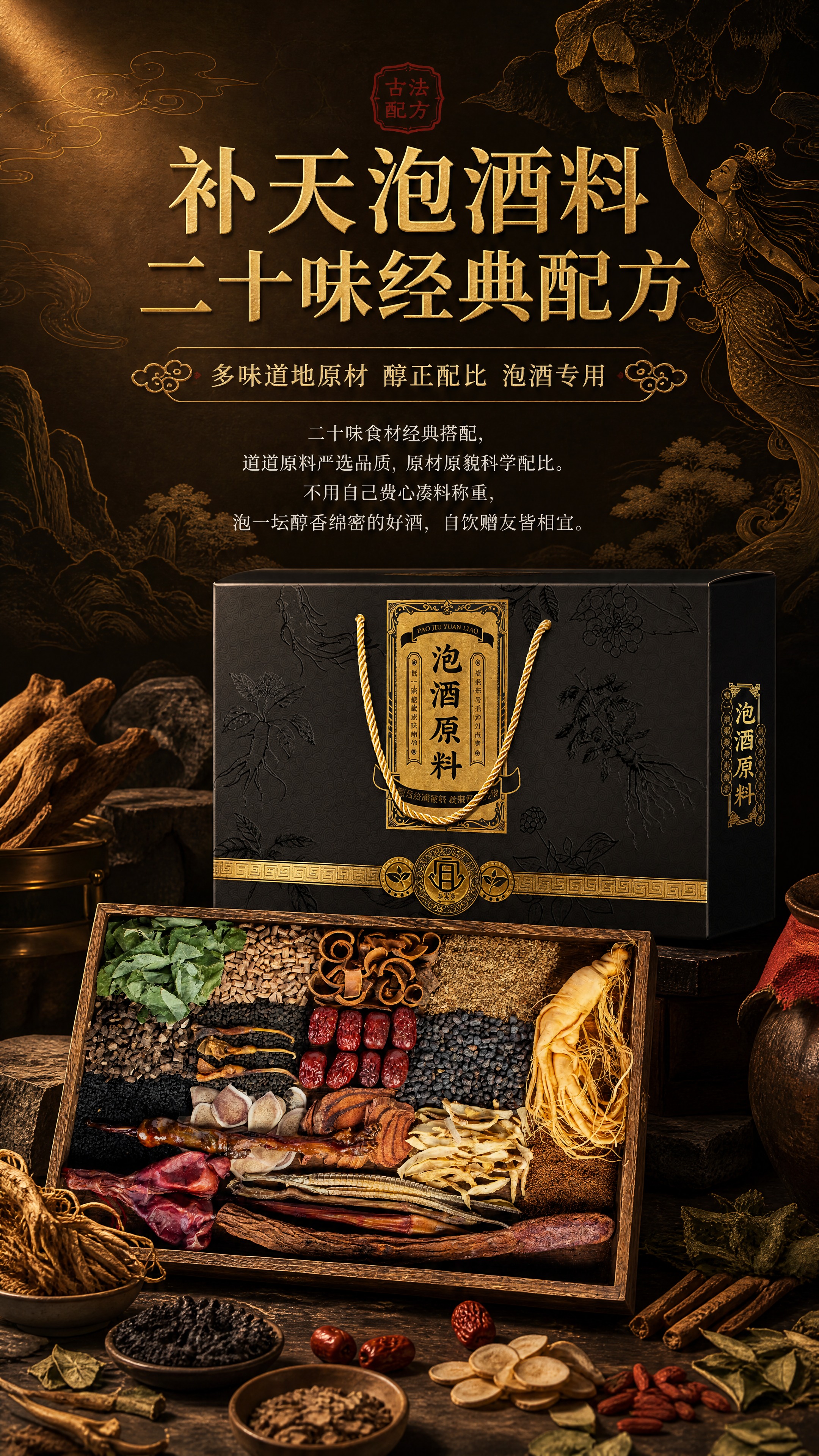 [商品] 使用【图2】黑色烫金泡酒原料礼盒和【图1】二十味泡酒… - 图片创意预览
