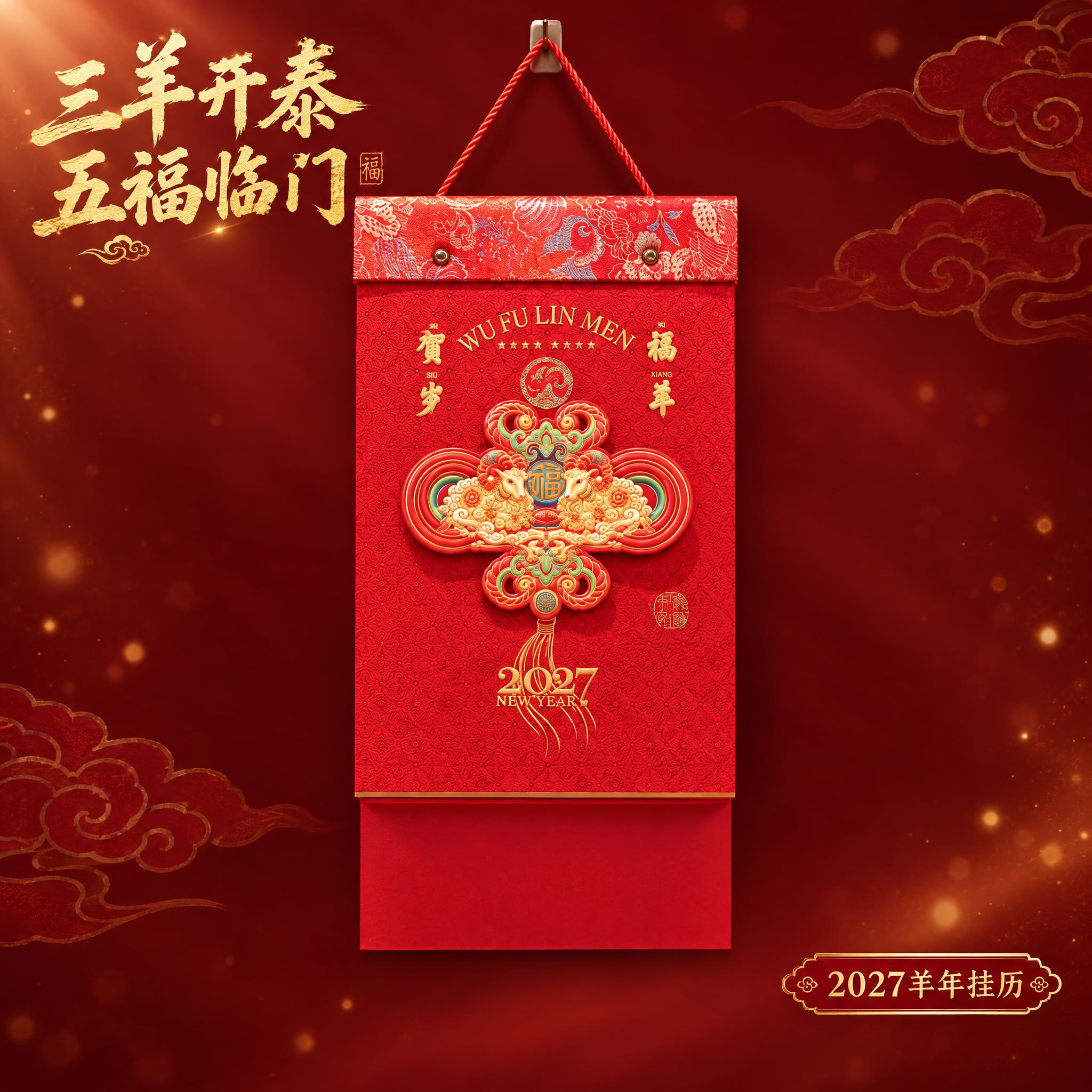 三羊开泰中国结织锦款挂历单独展示，淘宝主图规格高清图。产品居中… - 图片创意预览
