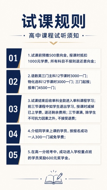 简约大气风格的教育试课规则通知海报，主标题为"试课规则"，副标题为"高中课程试听须知"，完整包含以下5条规则文字，保持清晰排版，内容不变：1.试课前预缴500意向金，报课时抵扣1000元学费，所有科目预览效果