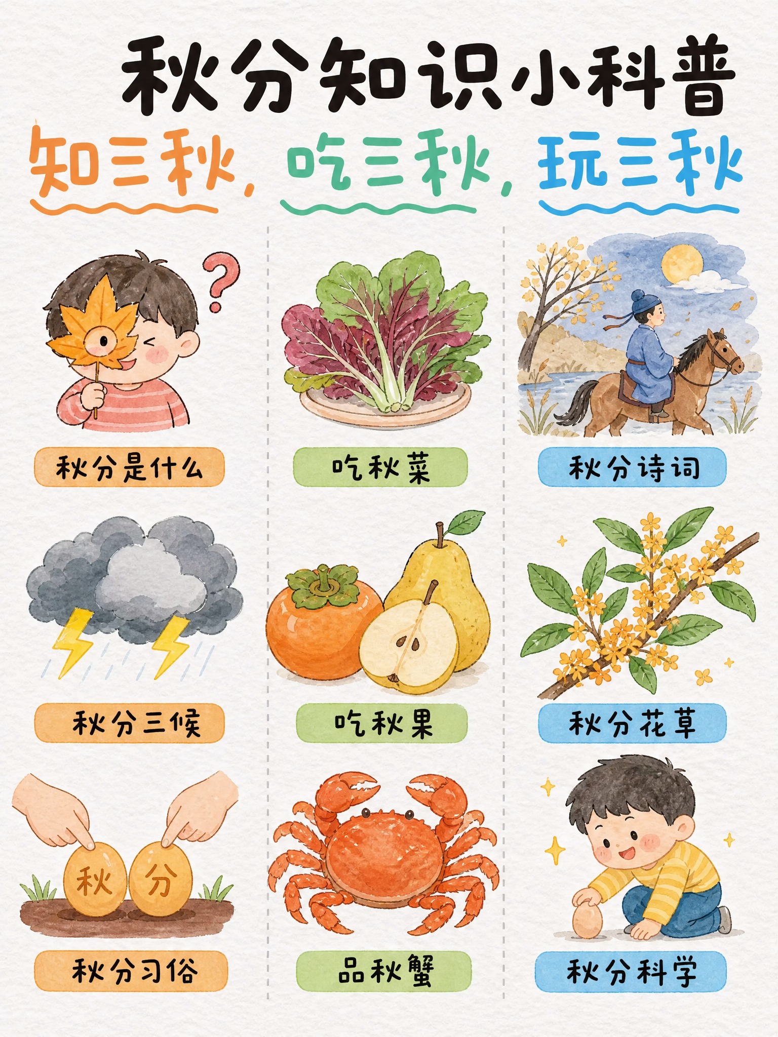 参考图一的三栏九宫格版式骨架和手绘水彩卡通风格，将图二的秋分节… - 图片创意预览