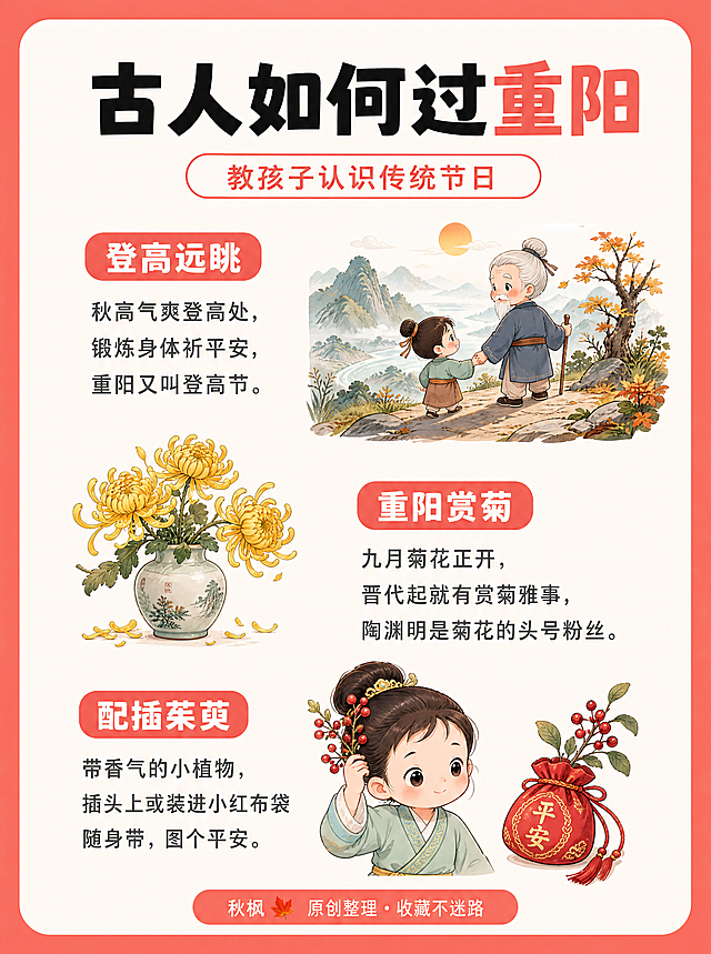 小红书儿童传统文化科普信息图（古人如何过重阳上），3:4竖版，超高清，排版宽松留白充足。背景：外围西瓜红纯色边框底，内部奶白色大圆角卡片。标题区：顶部居中超粗黑体大标题「古人如何过重阳」，"重阳"二字珊瑚红色；其下白底珊瑚红细描边圆角胶囊副标题「教孩子认识传统节日」。主体：自上而下三个松散板块，图文左右交错，板块间距大，每个板块=珊瑚红底白字圆角胶囊习俗名+3-4行深灰正文。「登高远眺」（配Q版老人小孩牵手登高望远插画）：秋高气爽登高处，锻炼身体祈平安，重阳又叫登高节。「重阳赏菊」（配盛放金黄菊花与花瓶插画）：九月菊花正开，晋代起就有赏菊雅事，陶渊明是菊花的头号粉丝。「配插茱萸」（配古风小孩头插茱萸、小红香囊插画）：带香气的小植物，插头上或装进小红布袋随身带，图个平安。页脚：居中珊瑚红底白字胶囊「秋枫🍁 原创整理 · 收藏不迷路」。画风：国风Q版可爱，低饱和暖调；儿童科普风，中文清晰无错字，对齐工整。画质：高清细腻，信息层级清晰，文字完整处于安全区内不可裁切，四周留安全边距。