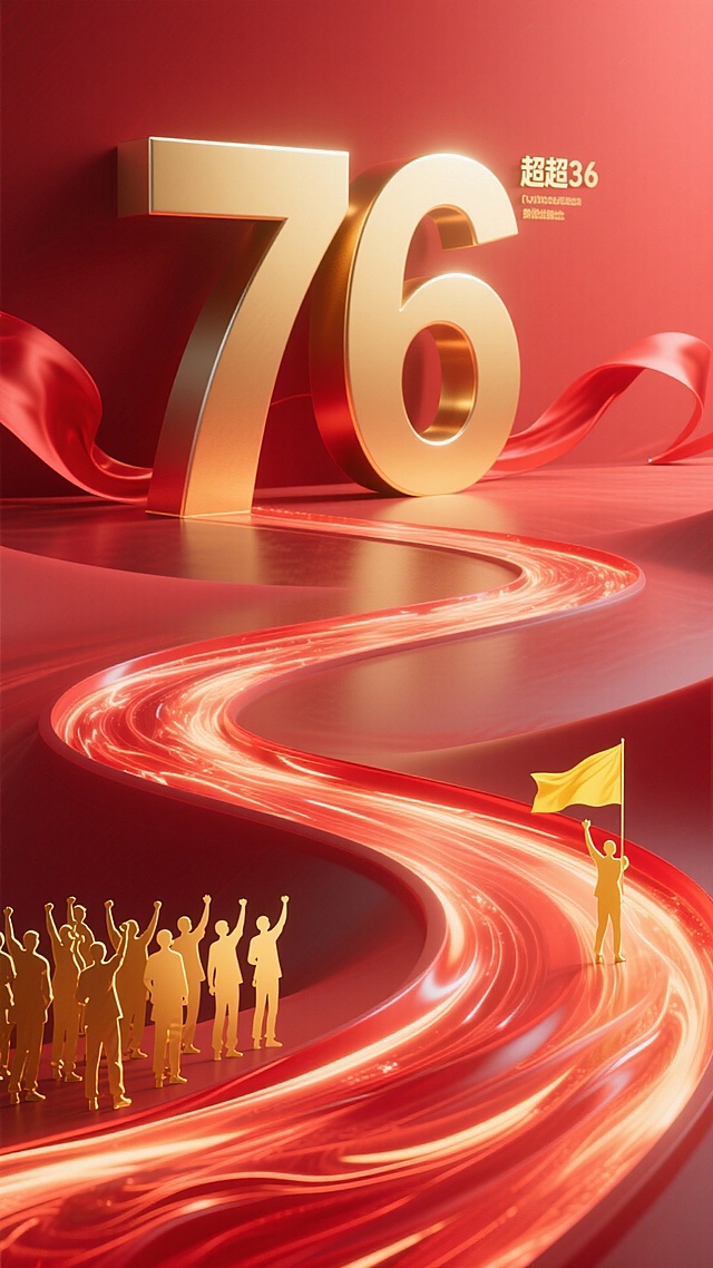 鎏金3D大字“76”彰显喜庆与政务感，剪影人群昂首前行，热血励志氛围浓厚，红色光流与金属质感强化体积感，象征奋进征程。