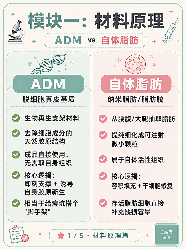 医美科普海报第2张（材料原理），扁平插画风格，清新医学感，版式精美，小红书种草质感。参考图【图1】的薄荷绿+粉色+奶油白配色体系与圆角卡片、虚线边框风格保持一致。

顶部标题区：大号字体「模块一：材料原理」，下方小字「ADM vs 自体脂肪」。

画面左右分栏，左栏薄荷绿色系，右栏粉色系，每栏内容字体放大，行距宽松，清晰易读。

左栏（ADM）标题：「ADM 脱细胞真皮基质」
内容要点（大字 bullet point）：
• 生物再生支架材料
• 去除细胞成分的天然胶原结构
• 成品直接使用，无需取自身组织
• 核心逻辑：即刻支撑 + 诱导自身胶原新生
• 相当于给痘坑搭个"脚手架"

右栏（自体脂肪）标题：「自体脂肪 纳米脂肪/脂肪胶」
内容要点（大字 bullet point）：
• 从腰腹/大腿抽取脂肪
• 提纯细化成可注射微小颗粒
• 属于自体活性组织
• 核心逻辑：容积填充 + 干细胞修复
• 存活脂肪细胞直接补充缺损容量

底部小字标签：「1 / 5 · 材料原理篇」

装饰：左栏上方DNA链图标，右栏上方细胞图标。奶油白底色，圆角大卡片承载内容，字体大而清晰。

画面中所有信息区域必须填充完整，不得空白。画面中所有二维码区域使用纯色方块占位符呈现，方块中央标注"二维码占位"文字，严禁生成可识别二维码。画面中所有数字必须精确渲染。
画质：高清细腻，文字清晰锐利，四周留安全边距。画面比例 3:4，4K。