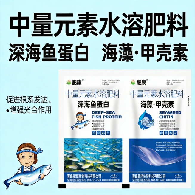 肥康深海鱼蛋白水溶肥，突出A剂促进根系发达，增强光合作用功效，农化产品主图设计，产品包装清晰，1:1比例适合拼多多预览效果