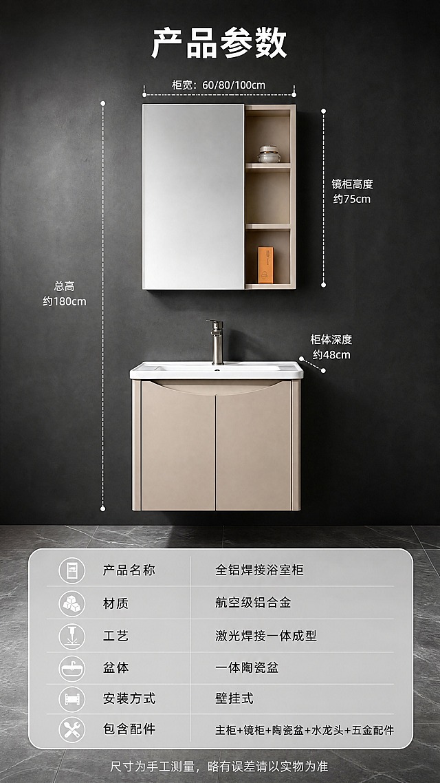 [商品] 使用【图2】全铝焊接浴室柜；保留柜体正视图与完整结构；搭配尺寸标注线与规格参数表。
[画面] 第16张-规格参数收口页，目标提供完整产品信息供消费者参考；上下分区构图，上半部分约占55%为产品正视图+尺寸标注（总宽度、总高度、柜体深度、镜柜高度等用虚线+数字标注），下半部分约占45%为规格参数表格；背景为深灰色渐变；产品图清晰展示正面全貌；参数表用浅灰色圆角卡片承载，文字清晰易读。
[视觉] 套系策略：风格=现代极简工业风高级商业摄影；标题字=思源黑体粗体；正文字=思源黑体常规；主色=深灰+拉丝银铝本色；背景延展=基于深炭灰做深浅渐变、微水泥质感墙面、浅灰大理石地面；强调色=金属银，仅用于小面积图标、引线和高光点缀；标题色=纯白；正文色=浅银灰；组件=细线引线、圆角半透明信息卡、金属质感图标；光影=正面均匀布光，产品图清晰，参数表可读。
[文字] 顶部大标题"产品参数"；尺寸标注包括"柜宽：60/80/100cm""总高：约180cm""柜体深度：约48cm"；参数表包含：产品名称（全铝焊接浴室柜）、材质（航空级铝合金）、工艺（激光焊接一体成型）、盆体（一体陶瓷盆）、安装方式（壁挂式）、包含配件（主柜+镜柜+陶瓷盆+水龙头+五金配件）；底部一行"尺寸为手工测量，略有误差请以实物为准"；所有文字横向排版。
[规格] 图片比例9:16竖版，4K，medium质量；避免变形、错字、文字过小、柜体结构改变、颜色偏差、出现人物面部、出现平台Logo或水印。
