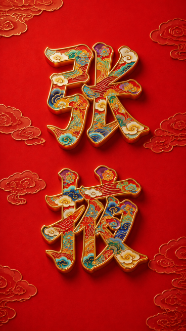 参考图片的景泰蓝风格，将文字改为张掖，生成中国风的立体描金艺术字，红色背景，传统祥云纹样，色彩丰富的国潮纹样装饰，上下排版两个字预览效果