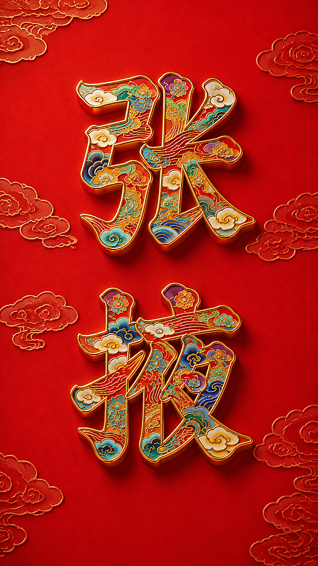 参考图片的景泰蓝风格，将文字改为张掖，生成中国风的立体描金艺术字，红色背景，传统祥云纹样，色彩丰富的国潮纹样装饰，上下排版两个字