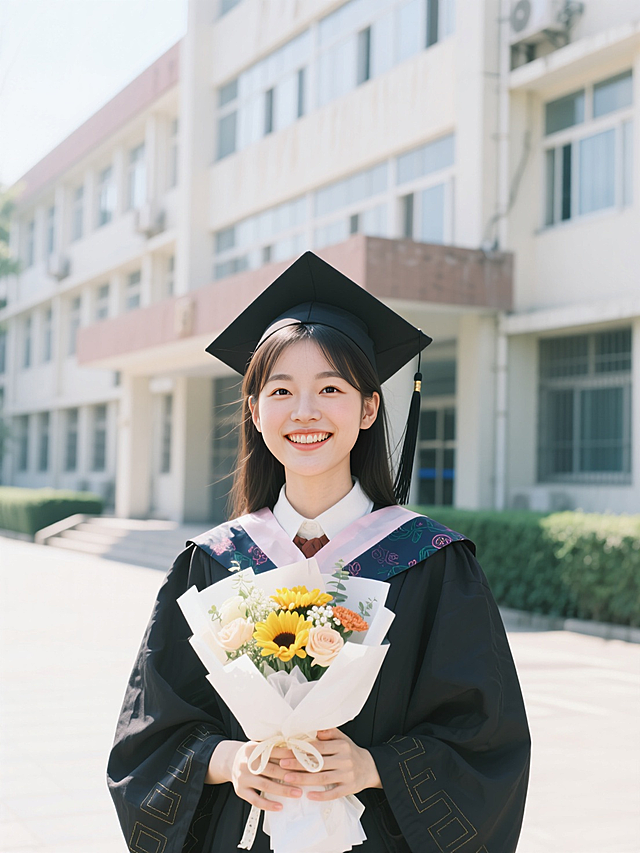 女生，毕业照，正面照，笑容灿烂，穿着学士服，戴着学士帽，手里拿着花束，阳光，背景是校园教学楼