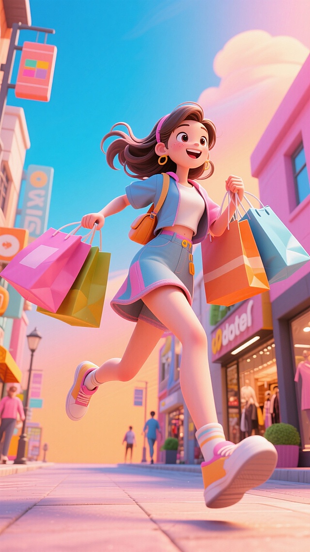 一位女生身着时尚服装，奔跑冲向镜头，动态感，手持各色购物袋，背景是时尚商业街，天空粉蓝色橙色渐变，动作夸张，青春有活力，透视感强