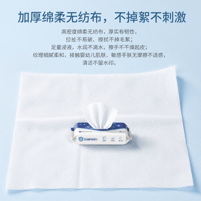 [第5屏] 加厚绵柔无纺布材质展示页，迷你酒精消毒湿巾。本屏使用【图5】作为主体展示无纺布材质。
[氛围/风格] 清新质感风，柔光低饱和，干净透气，突出绵柔材质。
[元素布局] 整张无纺布展开平铺在画预览效果