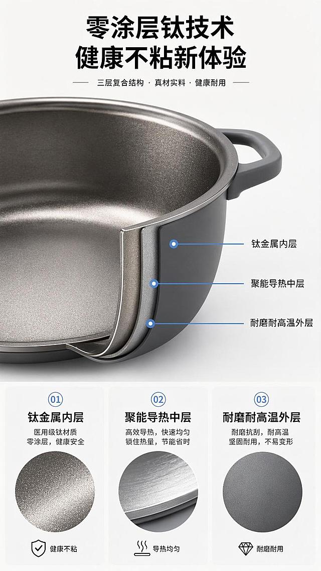 [第4屏] 核心技术解析-零涂层钛工艺原理。本屏使用【图5】展示钛内胆细节。
[氛围/风格] 科技原理可视化，专业严谨风格，清晰易懂。
[元素布局] 页面上半部分占60%，放置【图5】产品内胆细节图，下半部分分三栏讲解技术原理；上部分用引线标注钛内层、导热中层、机身外层三层结构；下半部分每栏对应一层讲解材质和作用，结构清晰，保留内胆原有灰色和钛材质质感。
[光影质感] 内胆细节区域重点打光，凸显材质颗粒感，文字区域亮度均匀，保证可读性。
[配色色系] 全局底色 #FAFAFA；主色深灰内胆；辅助色浅蓝引线标注，黑色文字。
[视角构图] 上产品细节下文字说明，从上到下阅读，产品细节占主要视觉。
[文字版式] 顶部标题「零涂层钛技术 健康不粘新体验」；三栏分别标注：「钛金属内层」「聚能导热中层」「耐磨耐高温外层」，每栏配一句简短功能说明；文字清晰，引线标注准确，不遮挡关键结构。
[比例分辨率] 9:16 竖版比例，4K分辨率，文字清晰可辨，高清画质。
[负向提示词] 结构错误，颜色偏差，文字错乱，文字过小，产品模糊，变形。
