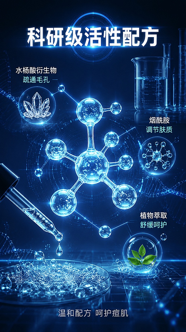 [第3屏] 成分机理专屏-科研级活性成分深度解析。本屏为成分说明屏，不使用产品外观图，以成分分子、实验器皿、数据可视化为主视觉。
[氛围/风格] 高端实验室科研风，深蓝科技感，3D分子结构，实验质感，画面丰富有层次，拒绝简单图标点缀。
[元素布局] 画面中央为大型3D透明分子结构模型，占画面40%以上，分子球体发出淡蓝色荧光；分子周围环绕3种核心成分原料图形：水杨酸晶体、烟酰胺分子簇、植物萃取液滴；左下角有玻璃滴管滴出精华液体的微距特写，液体中有无数活性微气泡；右上角有实验烧杯与试管剪影；背景是深蓝色渐变，叠加DNA双螺旋光带、网格线、数据光点；底部有半透明实验台面。
[光影质感] 分子结构自体发光为主光源，冷蓝色调；周围环境光柔和，玻璃器皿有通透高光；整体光影神秘而专业，突出科技感。
[配色色系] 全局底色 #061224 极深蓝；主色 #3DB8FF 亮蓝；辅助色 #7B8FA8 银灰蓝、白色；点缀色青色荧光。
[视角构图] 中心放射式构图，大分子居中，成分元素环绕四周，阅读动线从中心向外扩散。
[文字版式] 顶部居中主标题「科研级活性配方」，白色发光粗体；分子结构周围分布3个成分标签：「水杨酸衍生物 疏通毛孔」「烟酰胺 调节肤质」「植物萃取 舒缓呵护」，每个标签配发光线条指向对应成分图形；底部有一行小字说明「温和配方 呵护痘肌」，银灰色。
[比例分辨率] 9:16竖版比例，4K分辨率，文字清晰可辨，高清画质。
[负向提示词] 产品瓶身乱入，水印，文字错乱，文字过小，医疗承诺，极限词，优惠信息，背景杂乱。