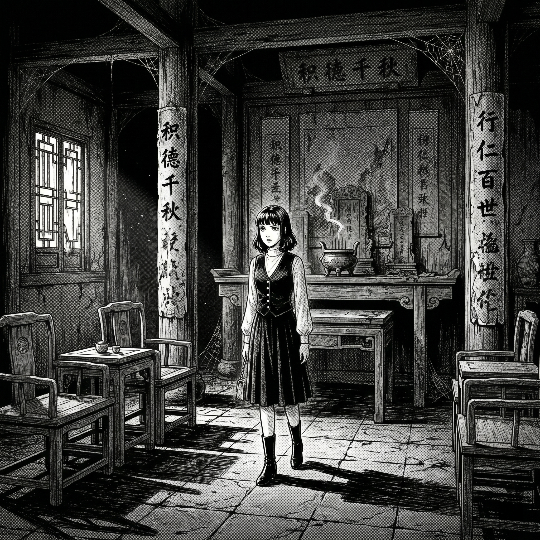 参考图中的齐肩短发齐刘海少女，人物为黑白线条漫画风格，将她置于… - 图片创意预览