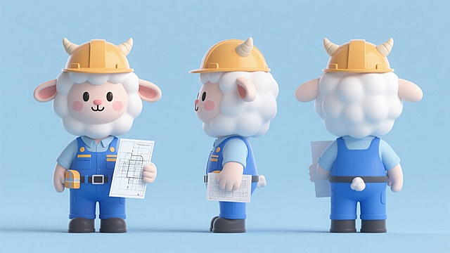 工程羊的形象，将工程属性与羊的形象融合在一起，头顶的安全帽、手中的施工图纸，具有明显的行业属性，可作为企业IP的选择方向。