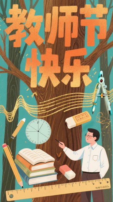 标题：教师节快乐，树纹交融形成共振诗词。暖木色调与金色声波线，凹凸印刷模拟木材纹理，人物：教师、教师在讲课，老师人物占据比例60%，素材：树、书本、笔、圆规、尺子、橡皮擦。素材重叠符合视觉美学。预览效果