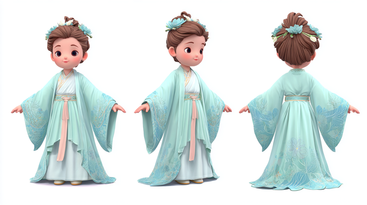 3D cartoon Chinese style young boy IP character design, wearing Chu-style straight robe, lotus acces预览效果