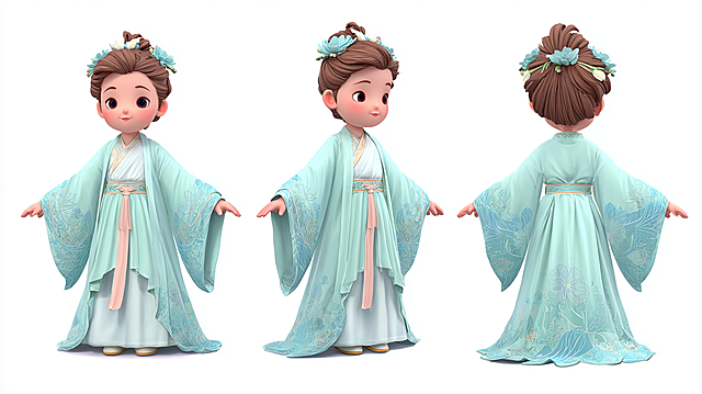 3D cartoon Chinese style young boy IP character design, wearing Chu-style straight robe, lotus accessories, gentle and delicate features, Chinese style patterns, flowing skirt, three views: front view, side view, back view, solid color background, main colors: light water blue, bright moon white, early lotus pink, 3D cartoon style, Chinese style