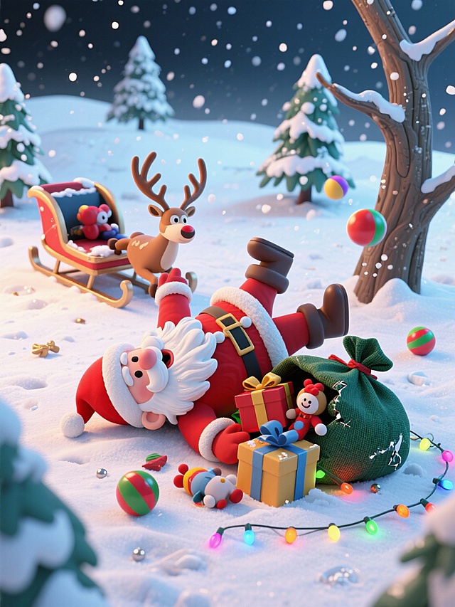 圣诞老人四脚朝天摔在雪地，墨绿麻布大包袱摔裂，礼盒、玩偶、彩灯串散落雪面。旁边驯鹿雪橇斜倚着枯树干，驯鹿正甩着鹿角玩滚来的彩球。背景飘着细碎雪花，远处立着几棵银边小圣诞树。