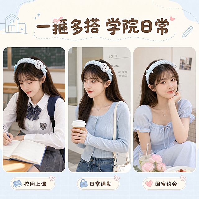miiiiichan蓝白条纹毛绒小狗蝴蝶结宽发箍详情页第6张-多场景穿搭页。采用3宫格横向布局，展示三个不同场景的佩戴效果：左格是校园上课场景（白衬衫+百褶裙+书包，学院风满满），中格是日常通勤场景（简约针织衫+牛仔裤，清新日常），右格是闺蜜约会场景（甜美浅蓝色系连衣裙，少女感）。每个场景都是年轻亚洲女生佩戴发箍的半身照。背景是奶白色底，宫格间有柔和间距，顶部留白放标题。套系策略：风格=软萌治愈系miiiiichan学院风 清新童趣；标题字=圆润可爱童趣字体；正文字=简洁圆润无衬线体；主色=奶白色+婴儿蓝；背景延展=基于奶白和婴儿蓝做深浅层级 同色渐变 学院风元素；强调色=蜜桃粉 仅用于小面积图标引线标签；标题色=深棕色；正文色=暖灰色；组件=圆角浅底信息卡 细线引线 可爱图标；光影=柔和自然光 治愈系暖调。文字：顶部主标题「一箍多搭 学院日常」。每个宫格下方配场景标签：「校园上课」「日常通勤」「闺蜜约会」。文字横排，字号适中。比例1:1，2K，避免变形错字文字过小 产品颜色改变 水印平台logo。