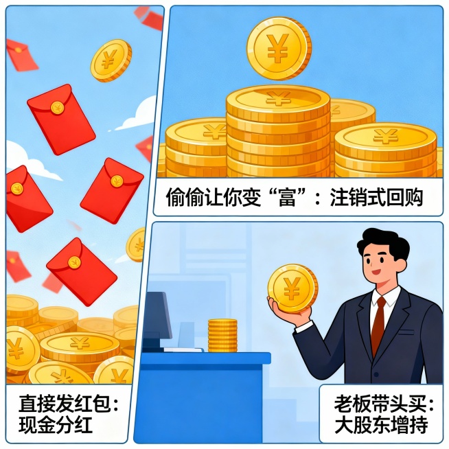 公司宠爱股东的三种“撒钱”方式：1. 直接发红包：现金分红 ；2. 偷偷让你变“富”：注销式回购；3. 老板带头买：大股东增持预览效果