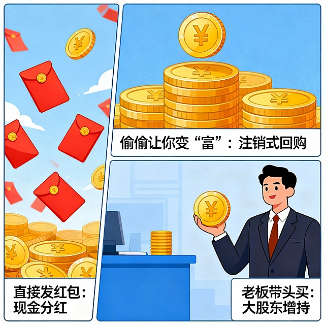 公司宠爱股东的三种“撒钱”方式：1. 直接发红包：现金分红 ；2. 偷偷让你变“富”：注销式回购；3. 老板带头买：大股东增持