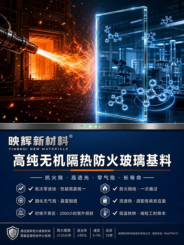 商业级品牌主视觉海报，面向建筑材料、消防工程及玻璃加工行业的B2B专业宣传物料。品牌为“映辉新材料”，产品为“高纯无机隔热防火玻璃基料”。竖向三分法构图，竖版比例3:4，适合展会易拉宝及手机端传播。主色调为深空科技蓝搭配银灰金属色，点缀警示橙红以突出防火属性。硬朗侧逆光，突出玻璃通透质感与高温炽热对比。8K超高清，商业摄影写实渲染风格，电影级光影，细节极致丰富，版式精美。

【第一区域：视觉主图，占画幅上方55%】
画面左右分割，形成强烈戏剧冲突。左侧为高温工业加热场景，橙红色炽热光焰与工业级高温喷枪，光焰呈喷射状，伴有炽热火星和热浪扭曲空气效果，背景隐约可见工业建筑高温测试场景。右侧为一整块由高纯无机基料固化而成的防火玻璃面板，玻璃清澈通透，无任何气泡、无雾度、无杂质，呈现完美光学透明度。玻璃表面清晰倒映出精密实验室仪器，同时内部散发微弱的冰蓝色自发光，象征高纯无机材质。玻璃边缘切割锐利无瑕疵。画面中央，高温光焰与玻璃之间形成一道无形的“防护屏障”视觉效果，仿佛高温被彻底阻隔，直观体现隔热防火核心卖点。玻璃面板前方悬浮着数个发光的纳米硅分子结构3D模型，环绕飞行，发出淡蓝色科技光晕。左侧高温区域为橙红色，右侧玻璃区域为冷蓝色，形成强烈蓝橙撞色，增强视觉张力。

【第二区域：过渡分隔带，占画幅中部5%】
一条水平的金属质感分隔条，材质为拉丝钛金属，带有细腻的磨砂纹理，中央镶嵌几个微型绿色LED状态指示灯，象征生产稳定、品质可控。分隔条下方投射出柔和渐变的阴影，自然过渡到下方的文字排版区。

【第三区域：文字排版区，占画幅下方40%】
极简主义现代编辑版式，留有充足留白，确保信息清晰易读。整体背景为深空蓝渐变，底部略微变暗，以突出白色和银色的文字。背景中隐约可见极淡的科技感网格线或电路板纹理，增加工业专业氛围，但绝不干扰文字可读性。各文字模块精确布局如下：
（1）品牌标识区位于排版区左上角：超大粗体无衬线字体，内容为“映辉新材料”，采用金属银渐变质感，带有®注册标志上标。下方紧接一行小字英文“YINGHUI NEW MATERIALS”，字距宽松，颜色为冷灰。
（2）主标题区位于排版区中上横向居中：加粗黑体主标题“高纯无机隔热防火玻璃基料”，颜色纯白，字符间距适当拉大，下方添加一条细长的橙色装饰线。
（3）核心卖点标语区位于主标题下方居中：一行精炼副标题“—— 抗火烧 · 高透光 · 零气泡 · 长寿命 ——”，颜色为浅蓝灰。
（4）六项优势卖点列表位于排版区中部分两栏排列，每栏三项，每项以对勾符号开头，后接简短词组，颜色为银白色，行距宽松。左栏：批次零波动 · 性能高度统一；固化无气泡 · 晶莹剔透；耐候不黄变 · 2000小时紫外照射。右栏：防火烧检 · 一次通过；流速快 · 适配各类反应釜；低温快烘 · 缩短工时降本。
（5）技术参数与认证区位于排版区底部靠近边缘：以极细小字排列，颜色为暗银灰，内容包含“通过国家防火建筑材料质量监督检验中心检测”“耐火极限≥120分钟”“透光率≥95%”“硬度5-7H”“质保10年”等关键数据，以竖线分隔。同时放置一个抽象的盾牌认证图标。
（6）联系方式与公司信息位于右下角：最小号字体，颜色暗灰，内容为“映辉新材料科技股份有限公司 · 服务热线：18660798173”。

整体排版要求：所有文字块对齐网格，左对齐或居中对齐，保持视觉平衡。每个卖点前用几何小图标增强设计感。专业、高端、可信赖，兼具科技感与工业严谨性，完全符合B2B大品牌形象。

画面中必须完整呈现以下文字信息：“映辉新材料”“YINGHUI NEW MATERIALS”“高纯无机隔热防火玻璃基料”“抗火烧 · 高透光 · 零气泡 · 长寿命”“批次零波动 · 性能高度统一”“固化无气泡 · 晶莹剔透”“耐候不黄变 · 2000小时紫外照射”“防火烧检 · 一次通过”“流速快 · 适配各类反应釜”“低温快烘 · 缩短工时降本”“耐火极限≥120分钟”“透光率≥95%”“硬度5-7H”“质保10年”“映辉新材料科技股份有限公司 · 服务热线：18660798173”。
画面中所有数字必须精确渲染，不得出现错位、遗漏或编造的数字。
画面中所有信息区域、卖点列表、参数区必须填充完整合理的内容，不得出现空白框、空白占位、横线待填写区域、空列表项、空单元格。