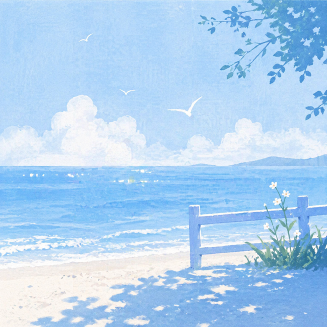 夏日的海边，吹着浪漫的海风，清爽自然的微醺氛围感，不需要用酒表现微醺，元素精简，整体为清爽干净的蓝色调，简约肌理插画风格，氛围感强，元素不堆砌，1:1尺寸预览效果