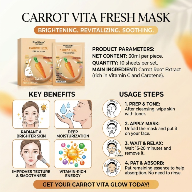 生成这款Carrot Vita Fresh面膜的产品信息图，图文结合说明产品优势和参数，包含：产品名称Carrot Vita Fresh Mask，净含量30ml per piece，10 sheet预览效果