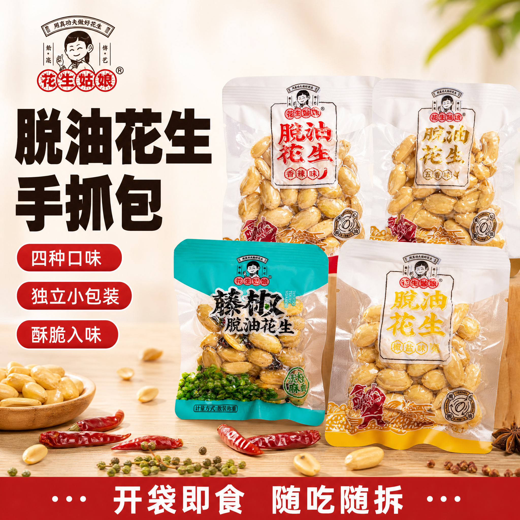 [电商主图] 花生姑娘脱油花生手抓包 四口味，1:1正方形，食… - 图片创意预览