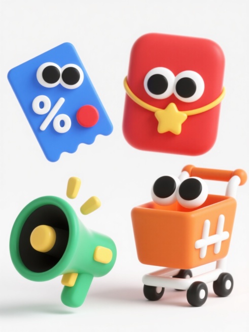 一组4个电商促销元素，采用可爱的卡通3D立体风格，每个元素都有大大的黑色圆形眼睛，显得生动活泼。元素包括：红色红包带有黄色星星装饰，蓝色优惠券带有白色折扣信息和红色按钮，橙色购物车带有黑色轮子和白色把手，绿色喇叭带有黑色喇叭口和黄色按键。所有元素具有柔和的圆角边缘和细腻的阴影效果，背景为纯白色，突出主体，整体设计简洁明了，信息传达效率高，符合电商促销的目标受众和宣传目的。预览效果