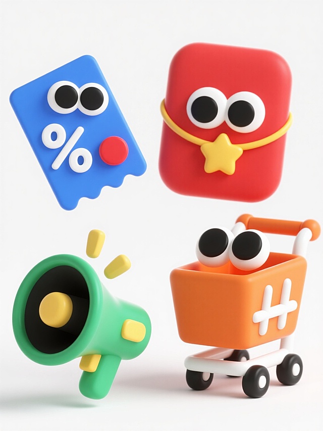 一组4个电商促销元素，采用可爱的卡通3D立体风格，每个元素都有大大的黑色圆形眼睛，显得生动活泼。元素包括：红色红包带有黄色星星装饰，蓝色优惠券带有白色折扣信息和红色按钮，橙色购物车带有黑色轮子和白色把手，绿色喇叭带有黑色喇叭口和黄色按键。所有元素具有柔和的圆角边缘和细腻的阴影效果，背景为纯白色，突出主体，整体设计简洁明了，信息传达效率高，符合电商促销的目标受众和宣传目的。