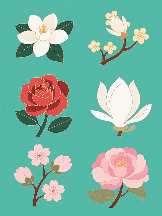 一张包含六个规整排布素材的国潮风格海报，每个素材均为单一花朵造型图案，从左到右、从上到下依次为栀子花、桂花、玫瑰花、白玉兰、樱花、芍药，花朵造型简约现代，线条流畅，细节清晰，色彩鲜明，采用纯色背景，整体设计具有强烈的视觉层级和信息传达效率，符合国潮审美和宣传目的。